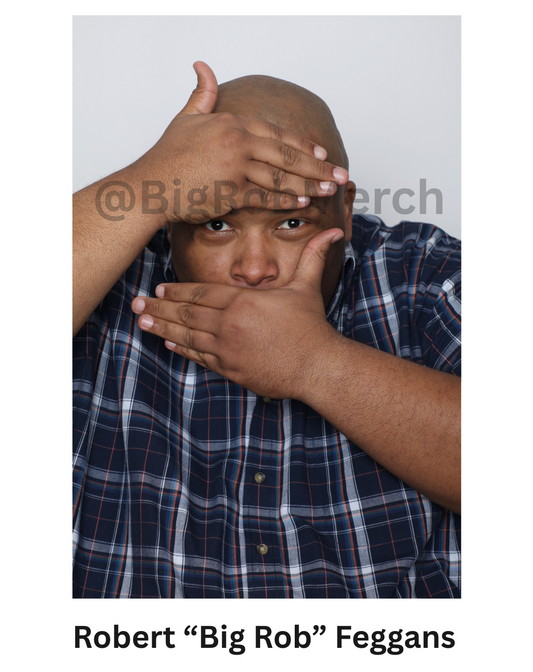 Autographed photo of Big Rob in blue checked shirt with hands over face